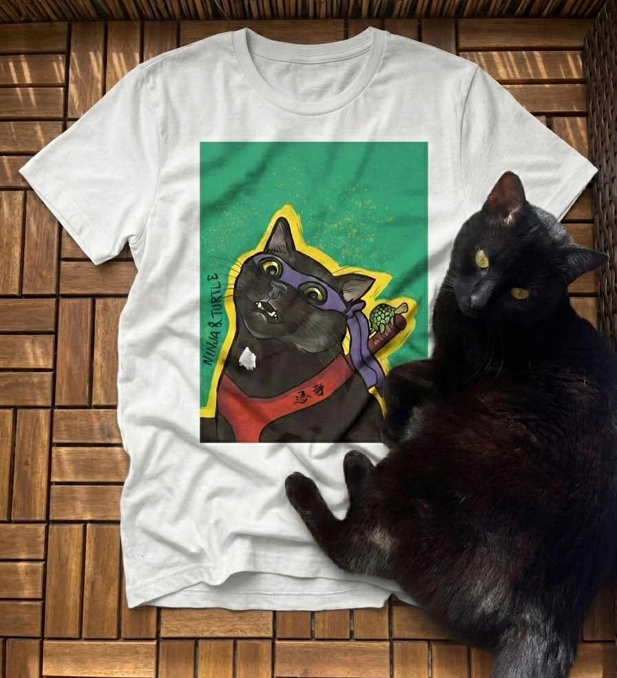 Tričko s potlačou Čierny kocúr ninja & turtle